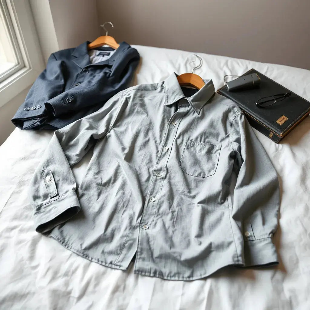 Crisp men's dress shirt laid neatly with crease-free fabric texture visible
