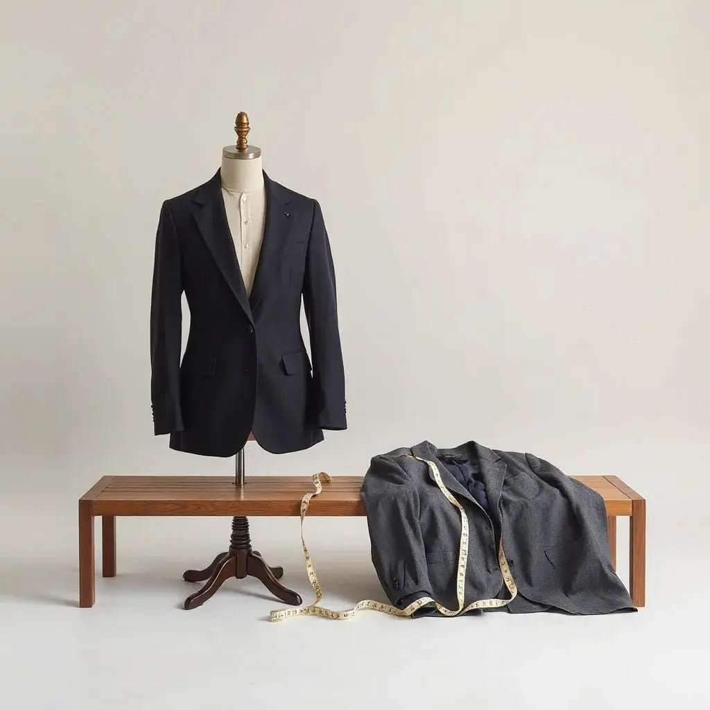 Tailored blazer on a mannequin with visible lapels and sleeve details beside a tape measure