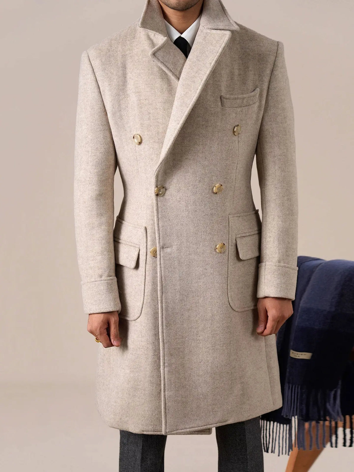 Mens Double-Breasted Ulster Collar Wool Coat - BRABION