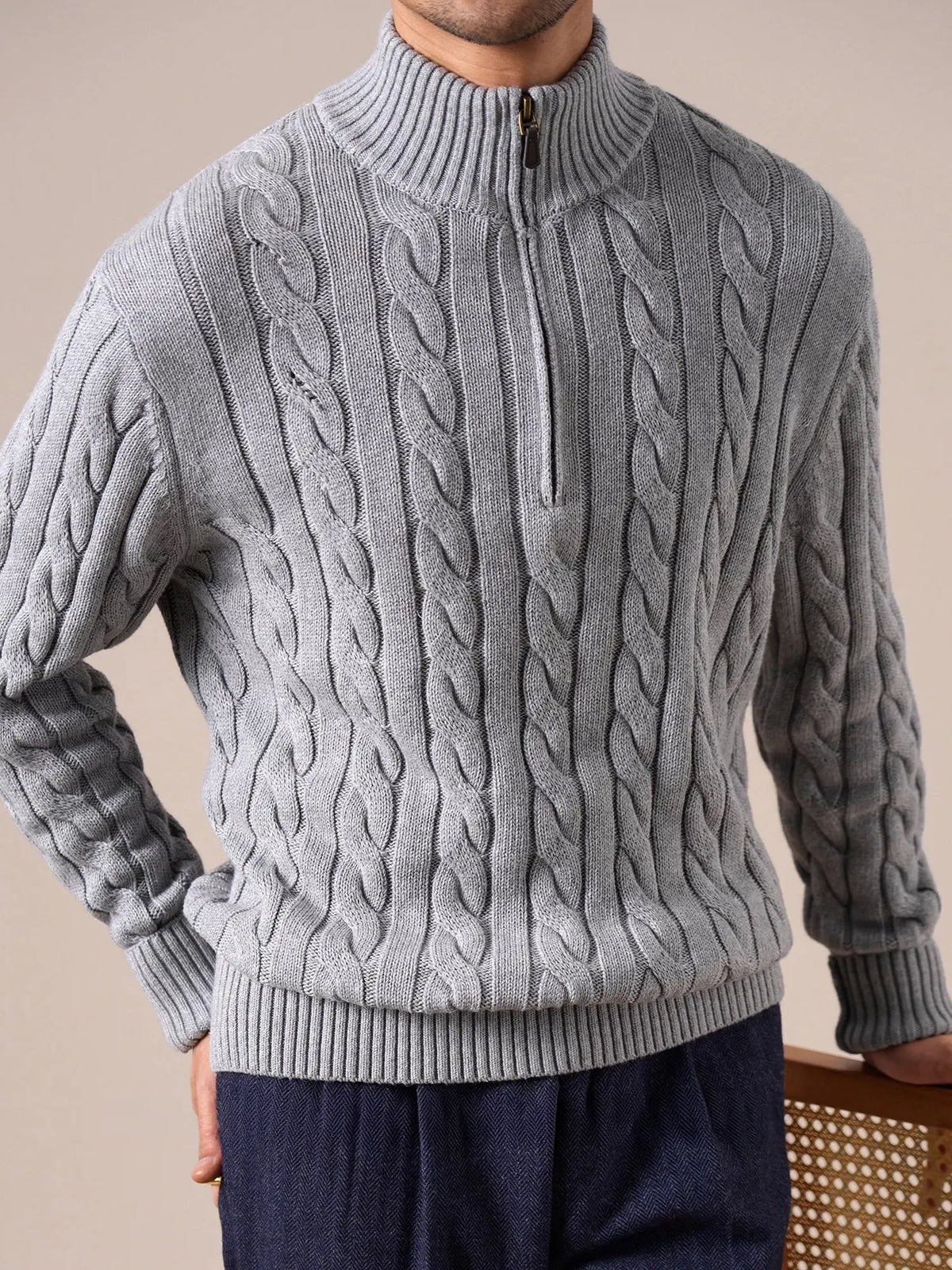 Men's Half Zip Thick Pure Cotton Knit Sweater BRABION