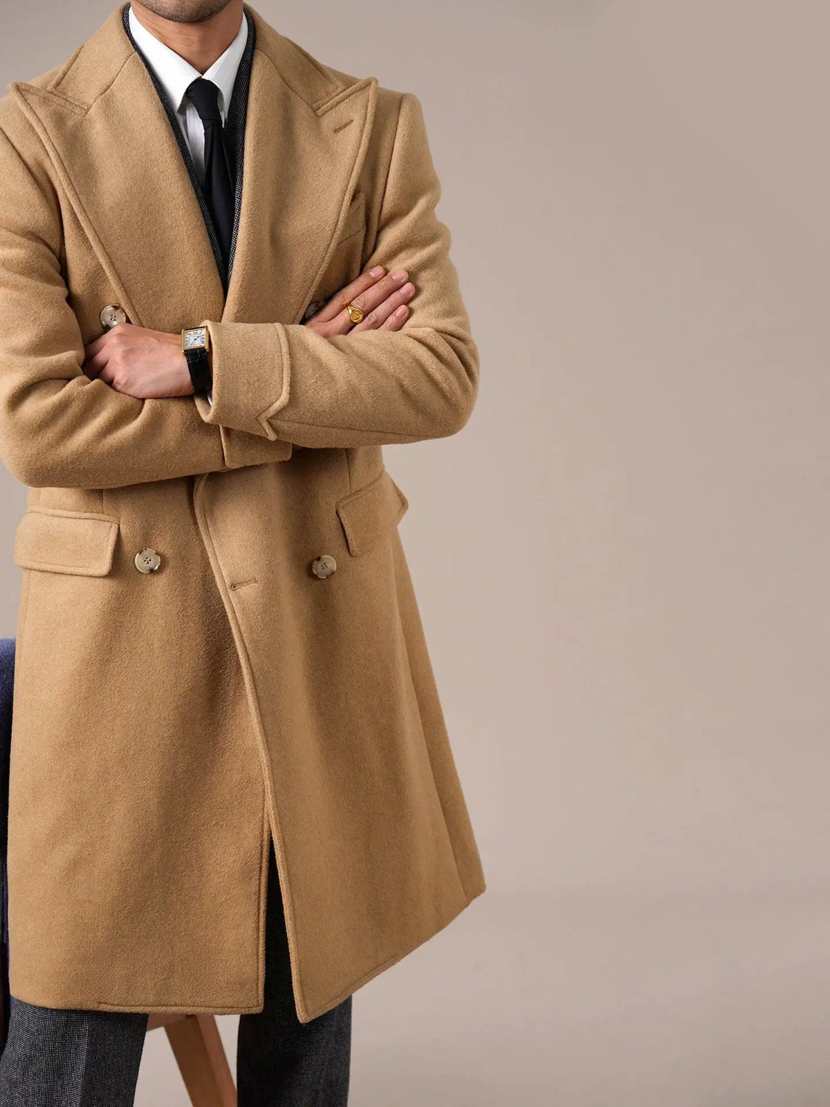 Mens Wool Chester Double Breasted Notched Lapel Coat - BRABION