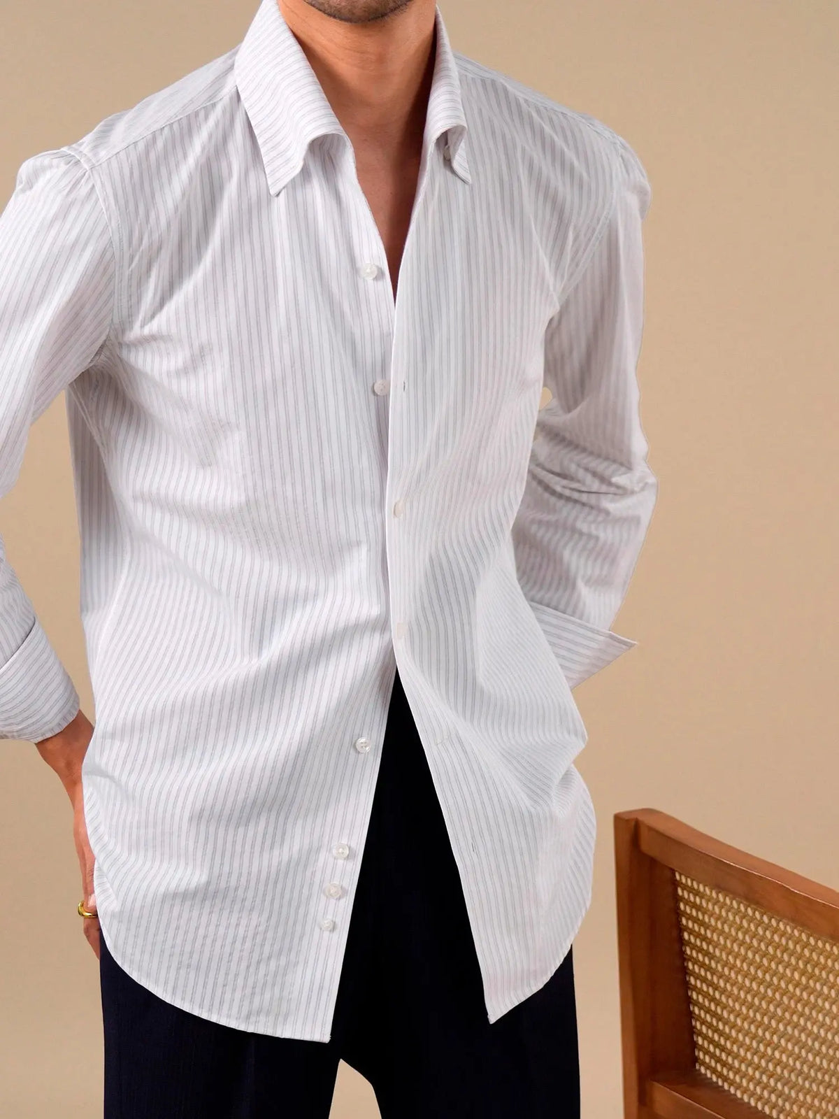 Men's Italian-Style One-Piece Collar Striped Long-Staple Cotton Shirt BRABION